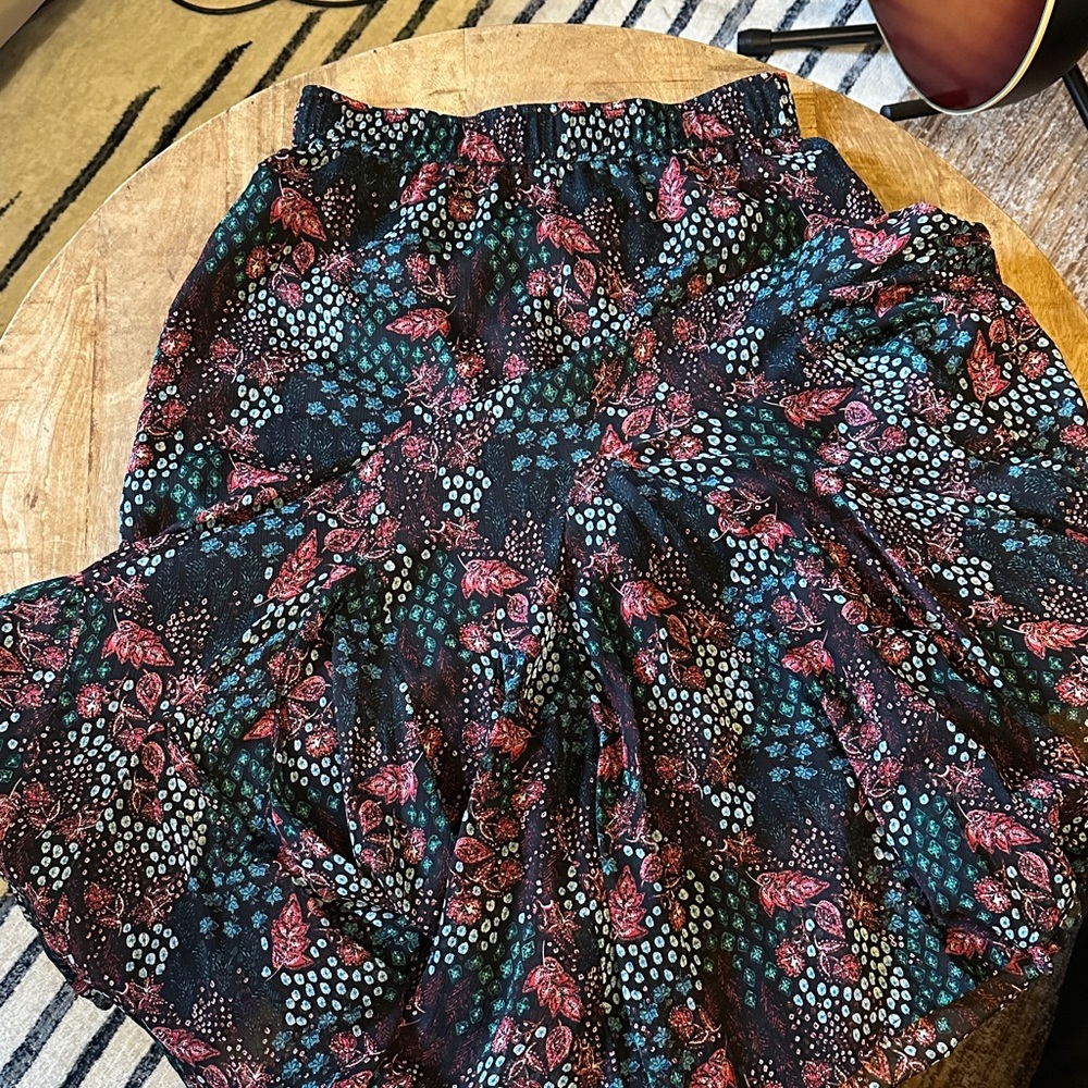 LOFT Floral Tiered Skirt in Black with Pink and Teal Accents